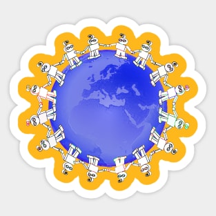 Blue Globe Surrounded by Little Cute Robots Sticker